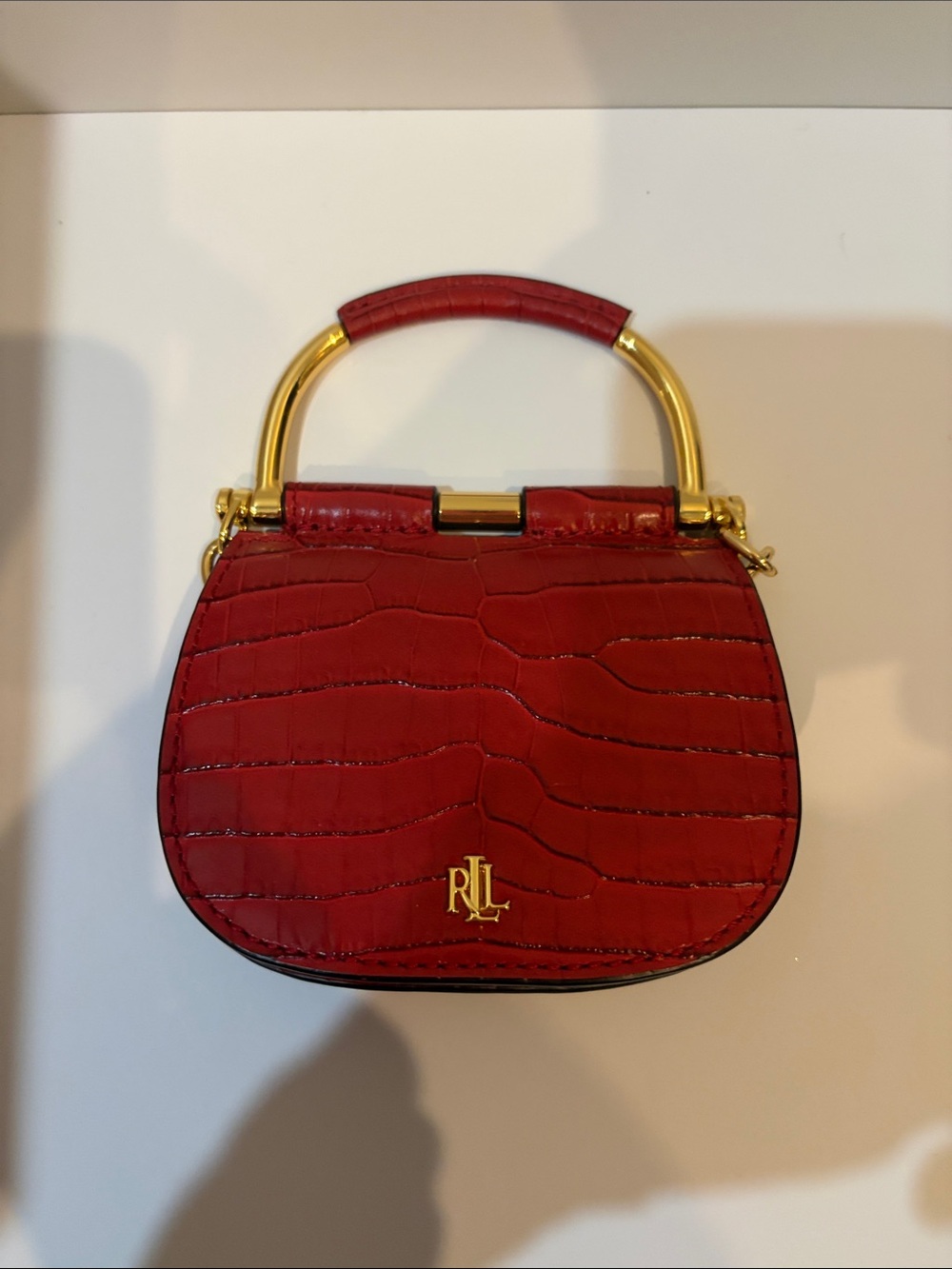 Ralph Lauren Red Croc-Embossed Mini Top Handle Bag to crossbody or belt